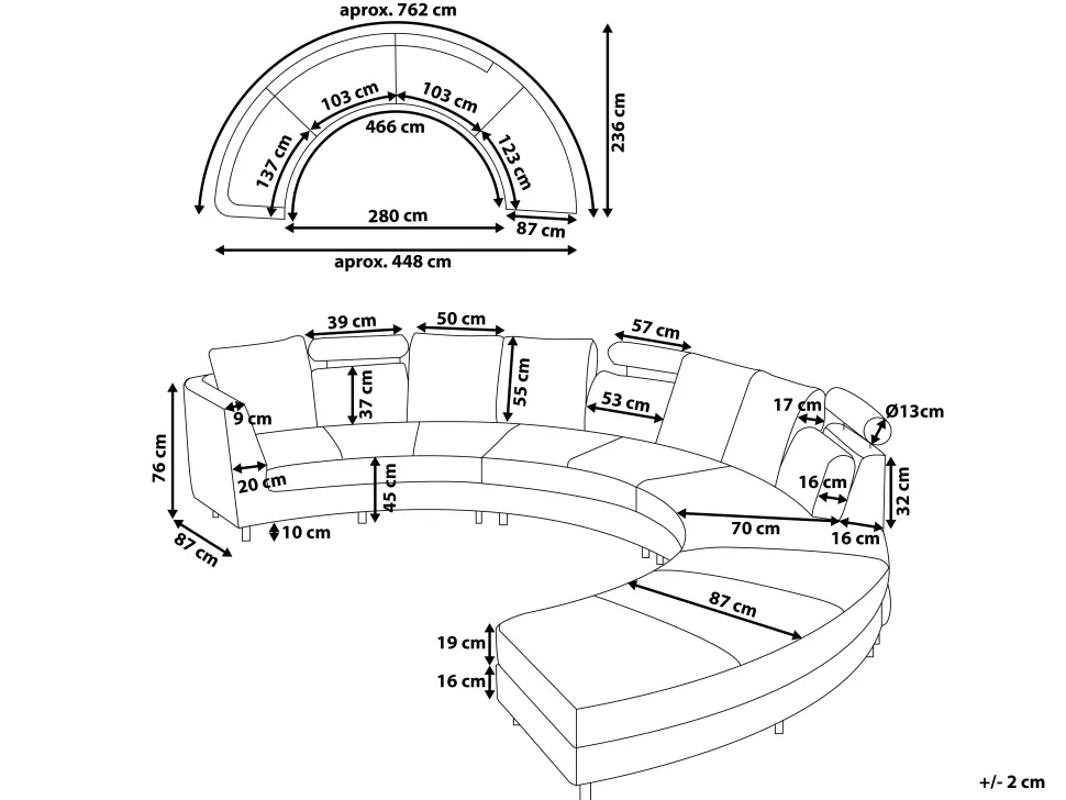 7 Seater Curved Fabric Modular Sofa Light Grey Rotunde