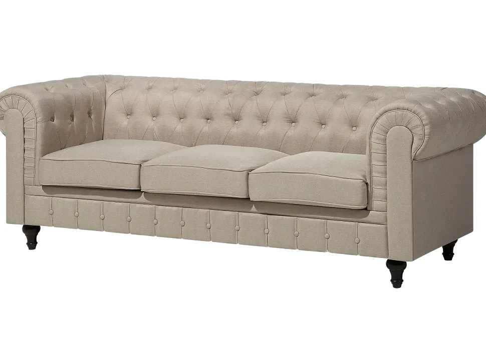 3 Seater Fabric Sofa Beige Chesterfield Big