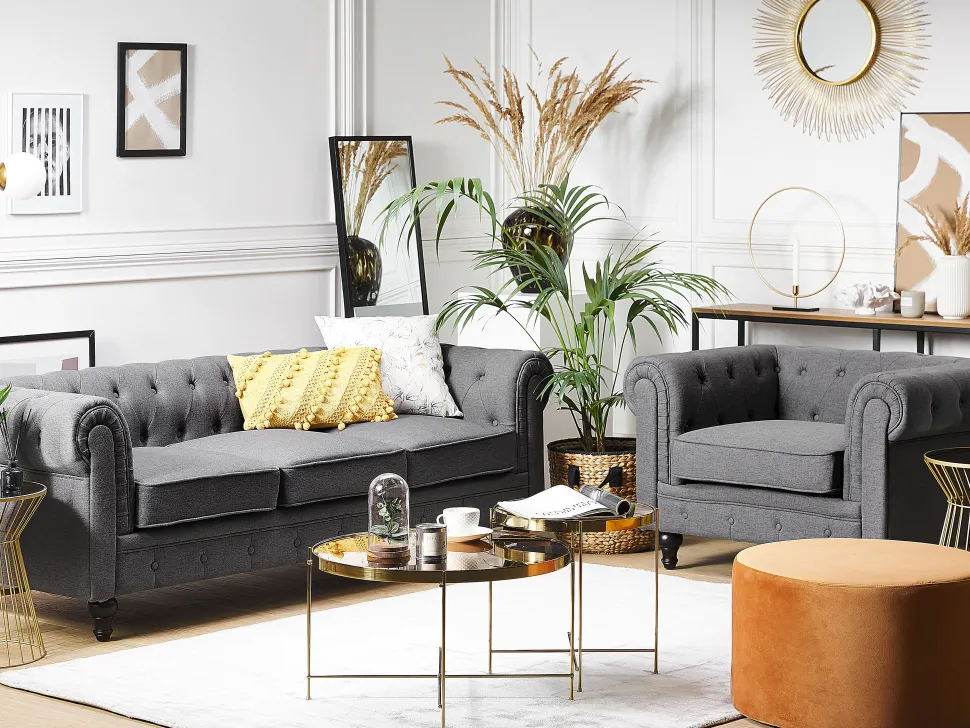 3 Seater Fabric Sofa Grey Chesterfield