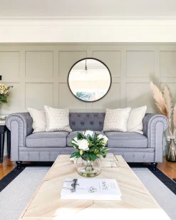 3 Seater Fabric Sofa Light Grey Chesterfield