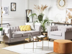 3 Seater Fabric Sofa Light Grey Chesterfield
