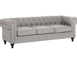 3 Seater Fabric Sofa Light Grey Chesterfield
