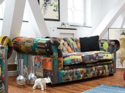 3 Seater Fabric Sofa Patchwork Green And Yellow Chesterfield