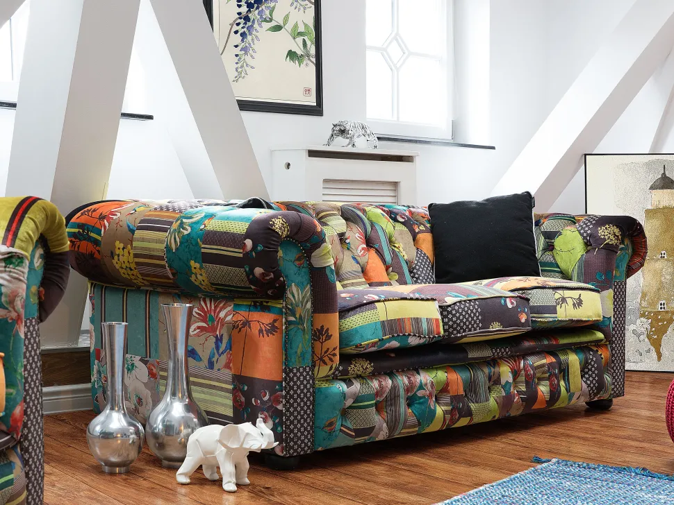 3 Seater Fabric Sofa Patchwork Green And Yellow Chesterfield
