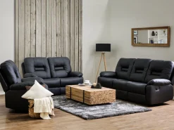 3 Seater Faux Leather Manual Recliner Sofa Black Bergen