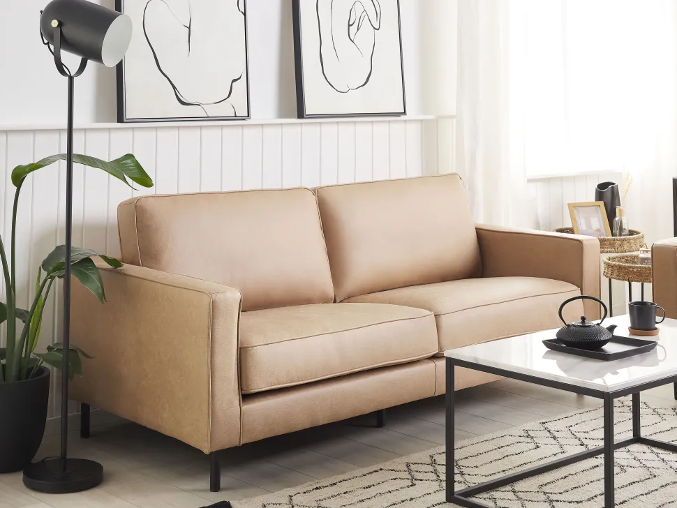 3 Seater Faux Leather Sofa Beige Savalen