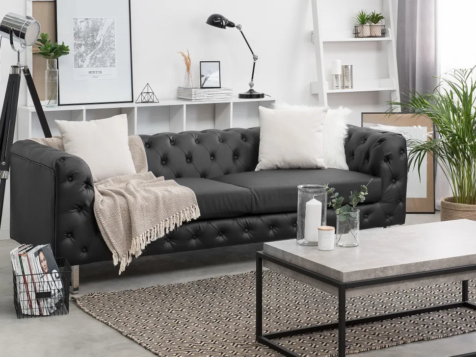 3 Seater Faux Leather Sofa Black Vissland