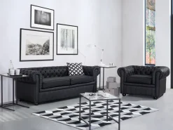 3 Seater Leather Sofa Black Chesterfield