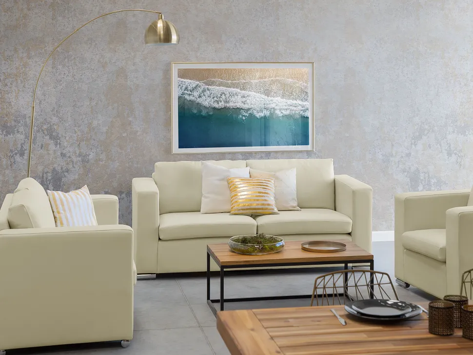 3 Seater Leather Sofa Cream Helsinki