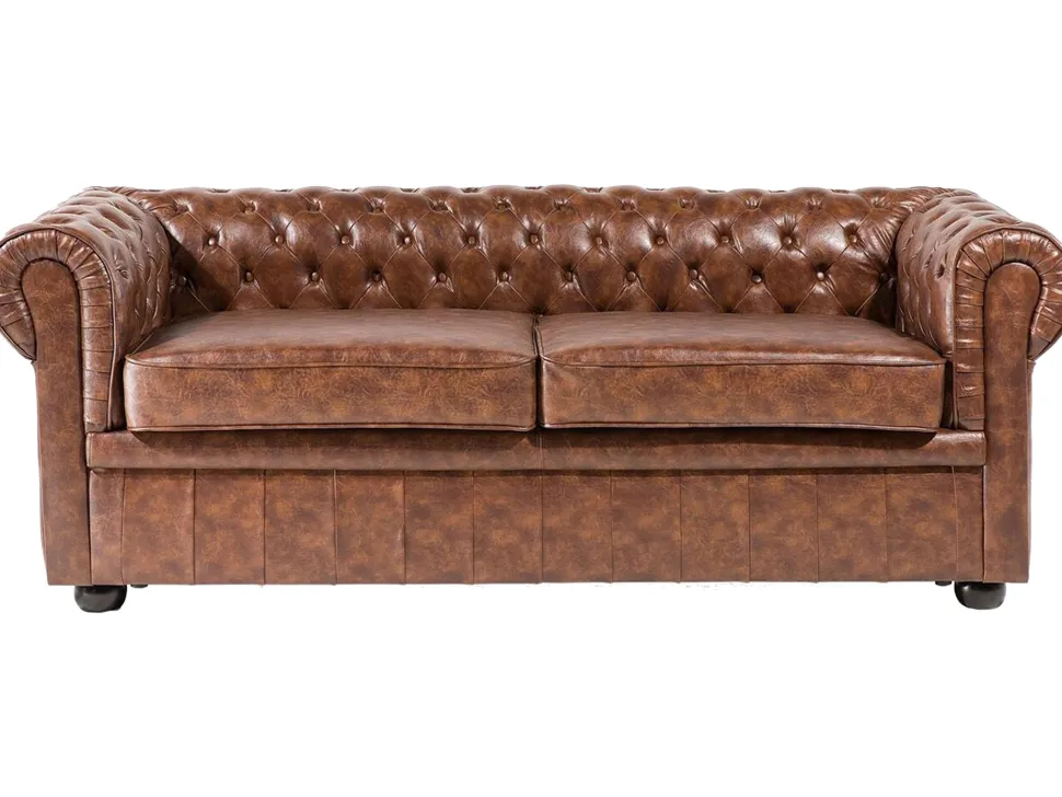 3 Seater Sofa Faux Leather Golden Brown Chesterfield