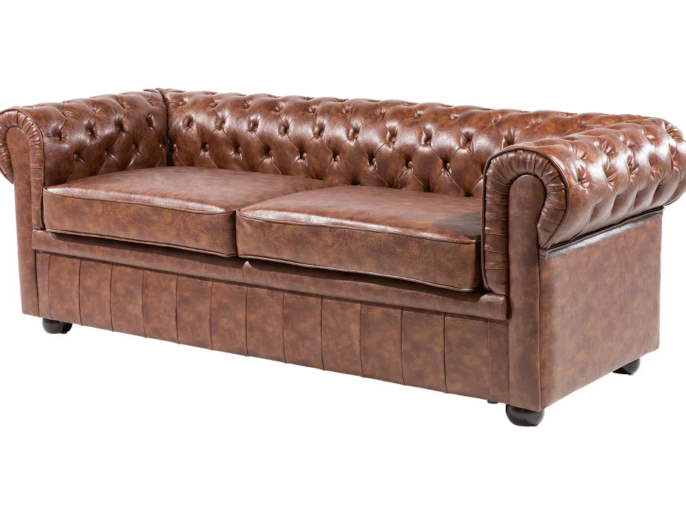 3 Seater Sofa Faux Leather Golden Brown Chesterfield