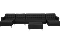 6 Seater U-Shaped Modular Faux Leather Sofa With Ottoman Black Aberdeen