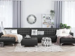 6 Seater U-Shaped Modular Faux Leather Sofa With Ottoman Black Aberdeen