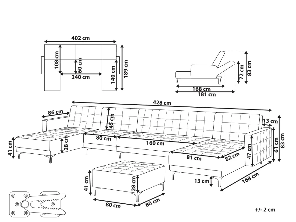 6 Seater U-Shaped Modular Faux Leather Sofa With Ottoman Black Aberdeen