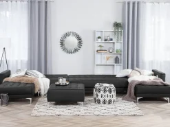 6 Seater U-Shaped Modular Faux Leather Sofa With Ottoman Black Aberdeen