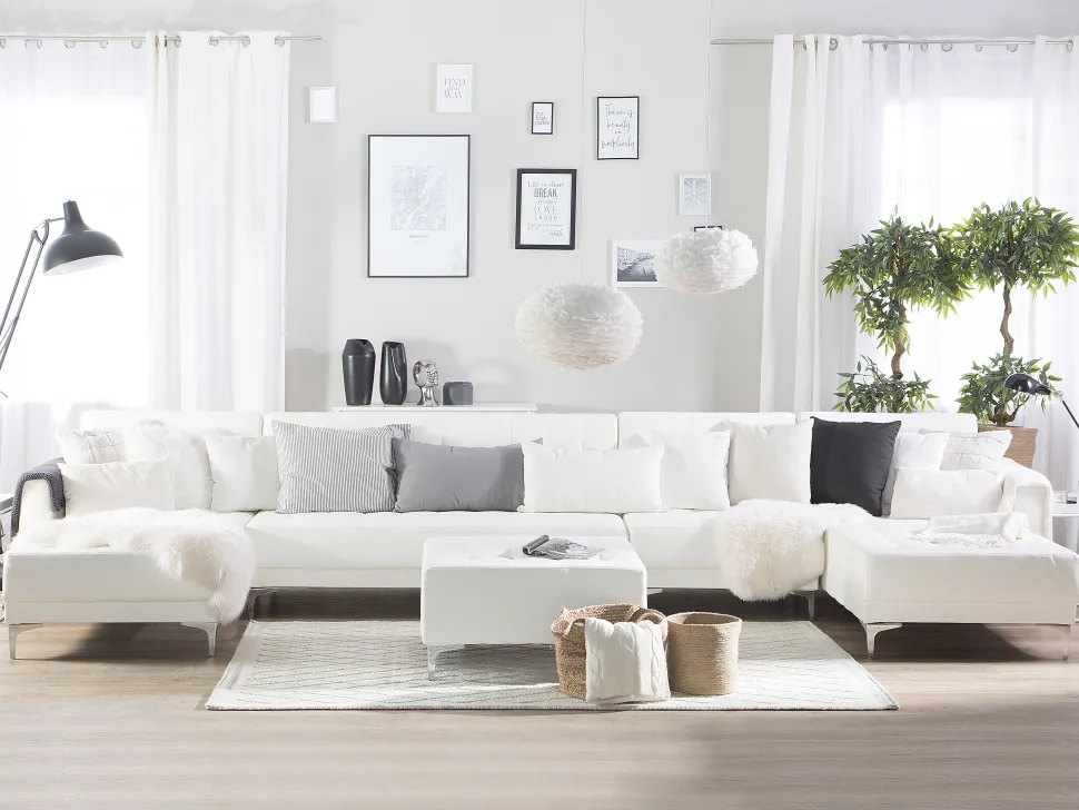 6 Seater U-Shaped Modular Faux Leather Sofa With Ottoman White Aberdeen