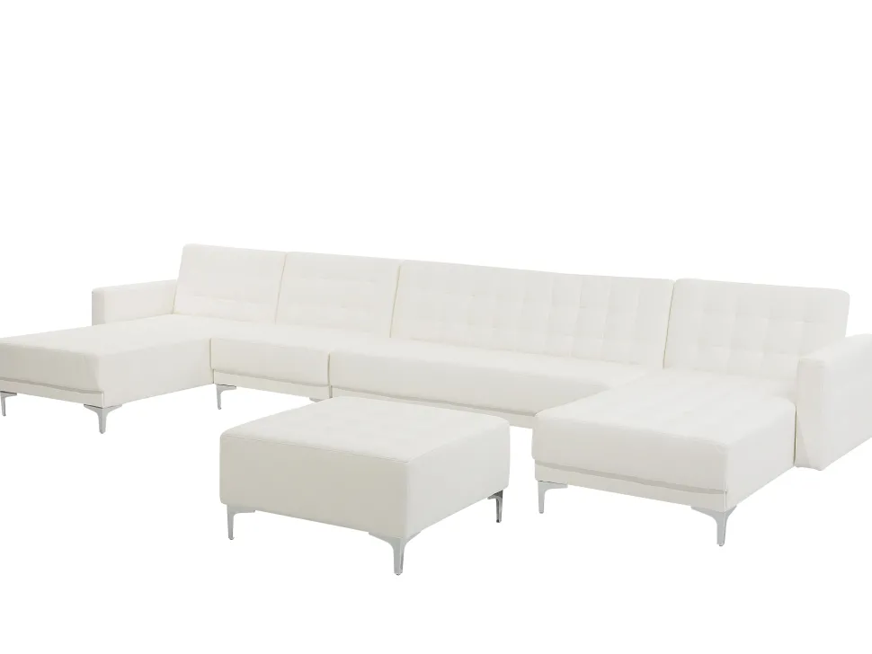 6 Seater U-Shaped Modular Faux Leather Sofa With Ottoman White Aberdeen