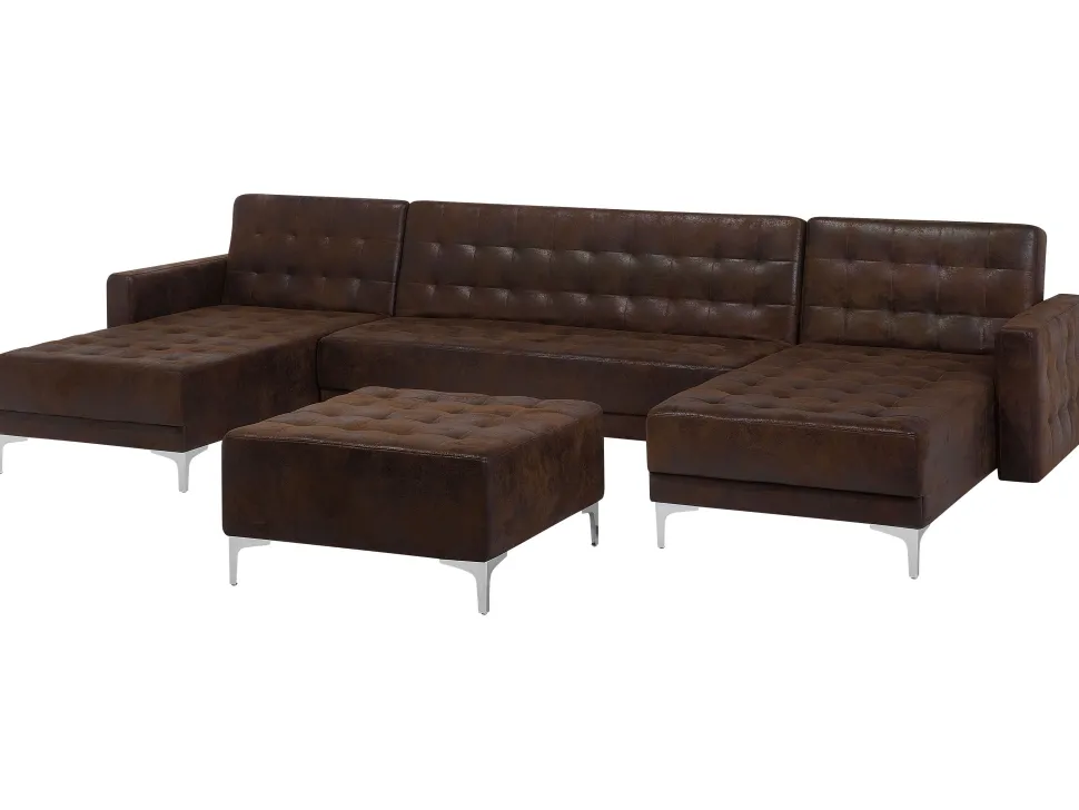 5 Seater U-Shaped Modular Faux Leather Sofa With Ottoman Brown Aberdeen
