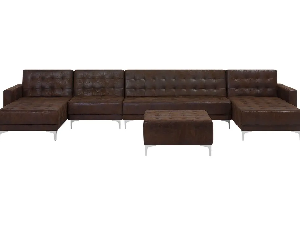 6 Seater U-Shaped Modular Faux Leather Sofa With Ottoman Brown Aberdeen