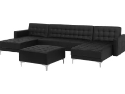 5 Seater U-Shaped Modular Faux Leather Sofa With Ottoman Black Aberdeen