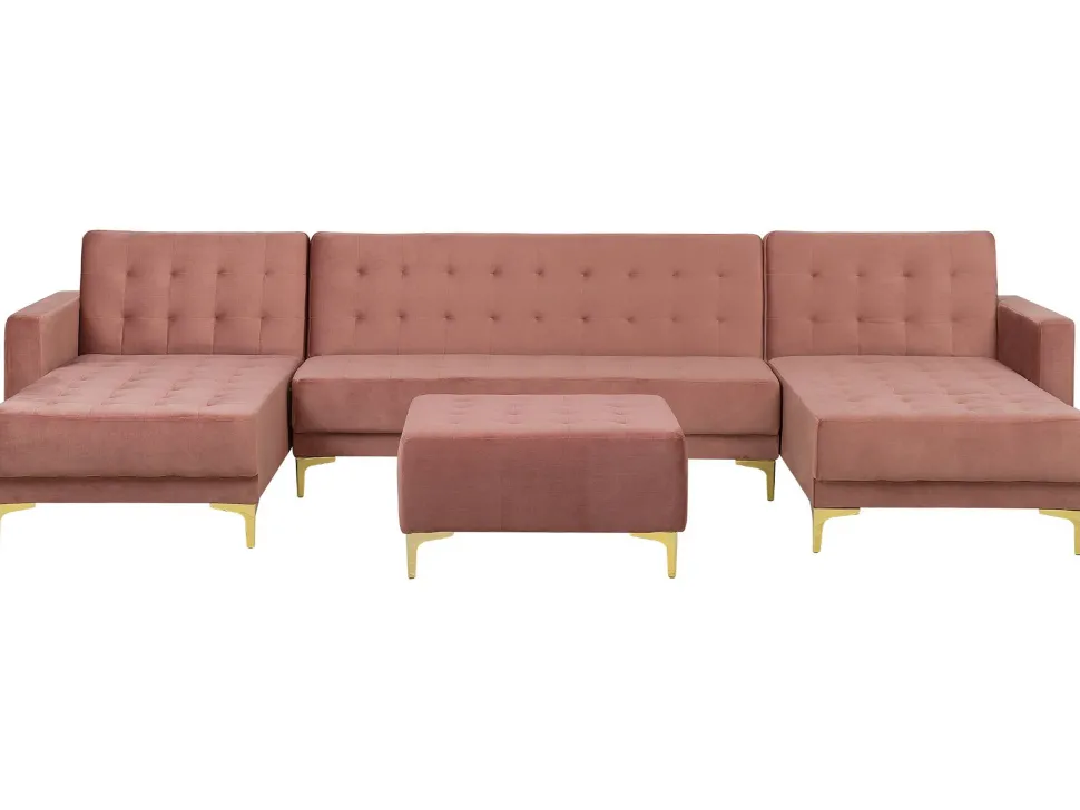 5 Seater U-Shaped Modular Velvet Sofa With Ottoman Pink Aberdeen
