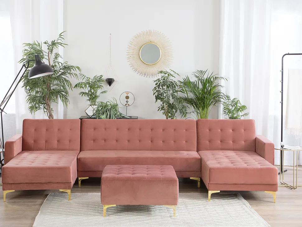 5 Seater U-Shaped Modular Velvet Sofa With Ottoman Pink Aberdeen