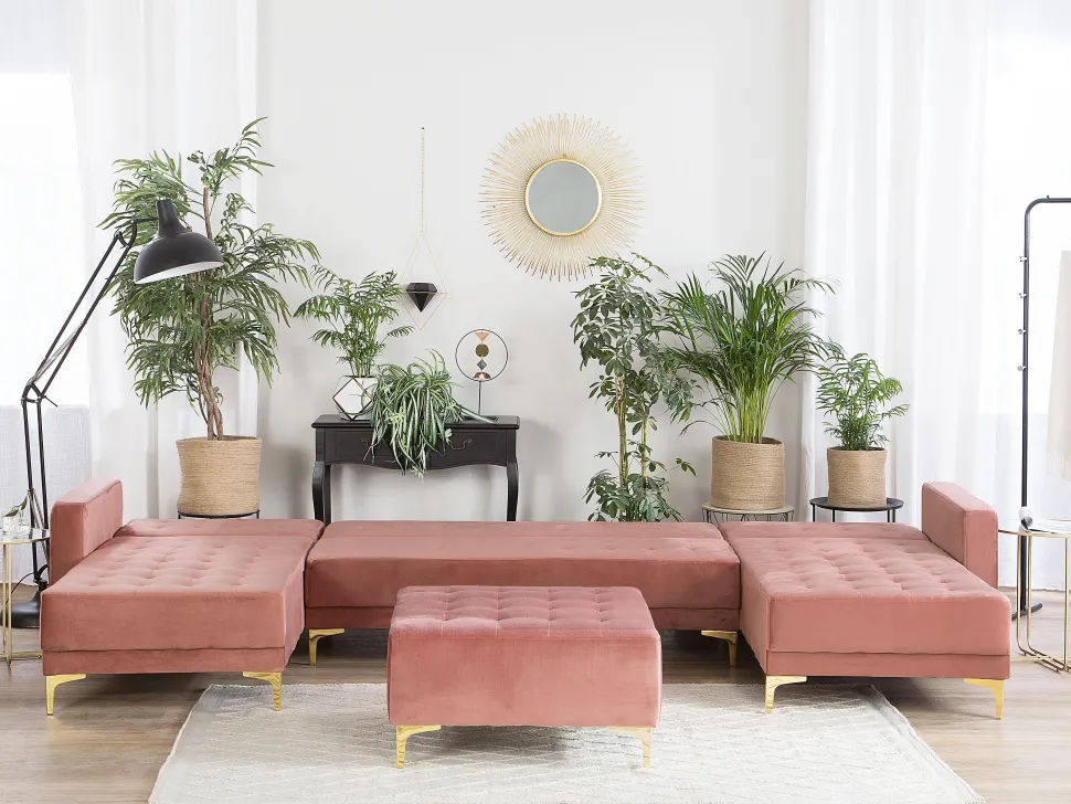 5 Seater U-Shaped Modular Velvet Sofa With Ottoman Pink Aberdeen