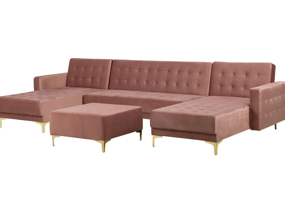 5 Seater U-Shaped Modular Velvet Sofa With Ottoman Pink Aberdeen