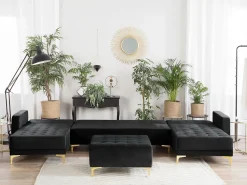5 Seater U-Shaped Modular Velvet Sofa With Ottoman Black Aberdeen