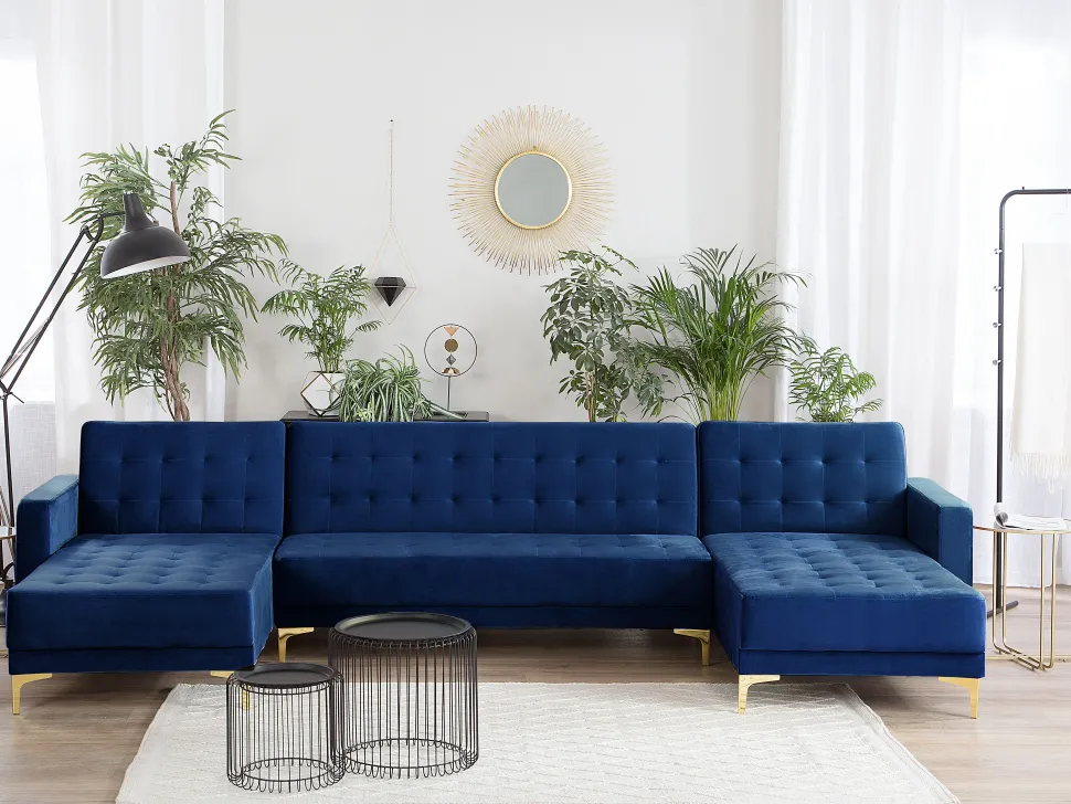 5 Seater U-Shaped Modular Velvet Sofa Navy Blue Aberdeen
