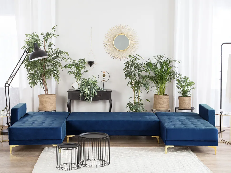 5 Seater U-Shaped Modular Velvet Sofa Navy Blue Aberdeen