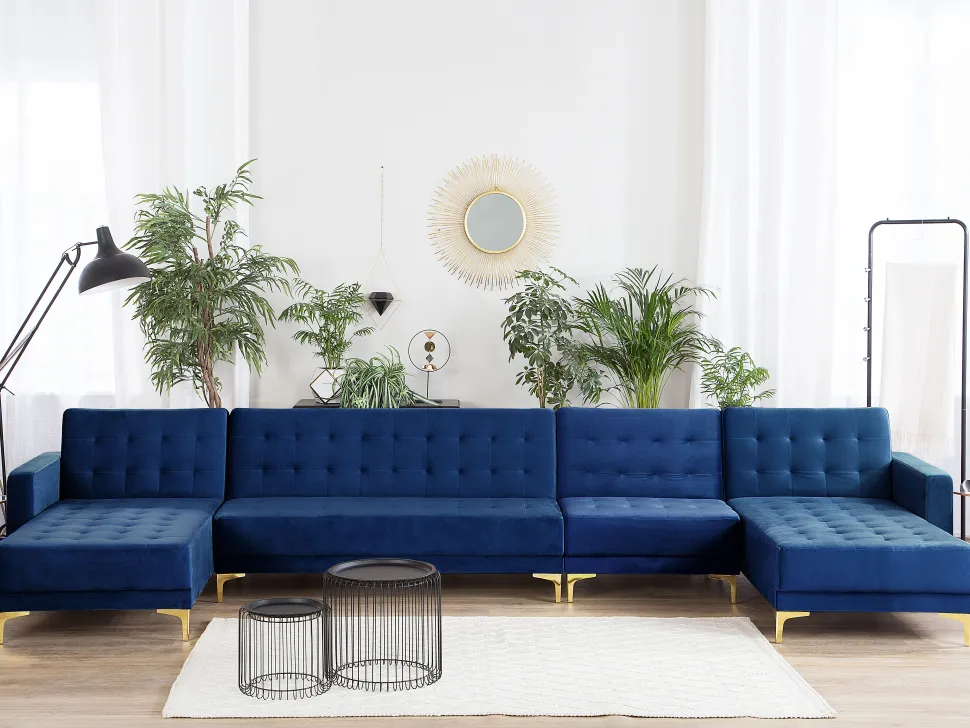 6 Seater U-Shaped Modular Velvet Sofa Navy Blue Aberdeen