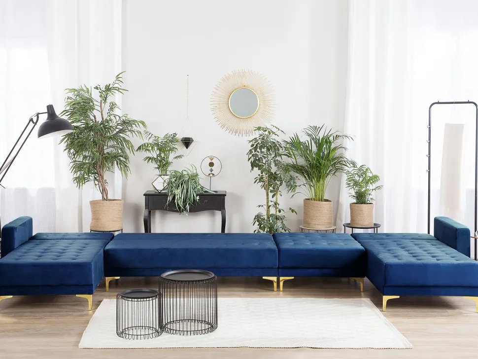 6 Seater U-Shaped Modular Velvet Sofa Navy Blue Aberdeen