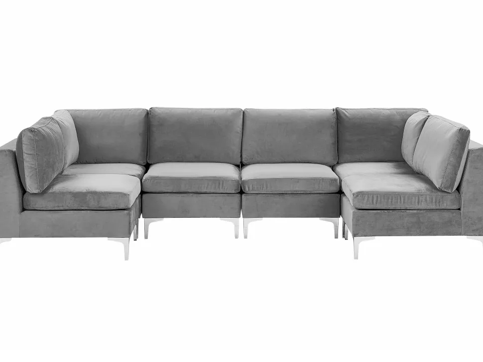 6 Seater U-Shaped Modular Velvet Sofa Grey Evja