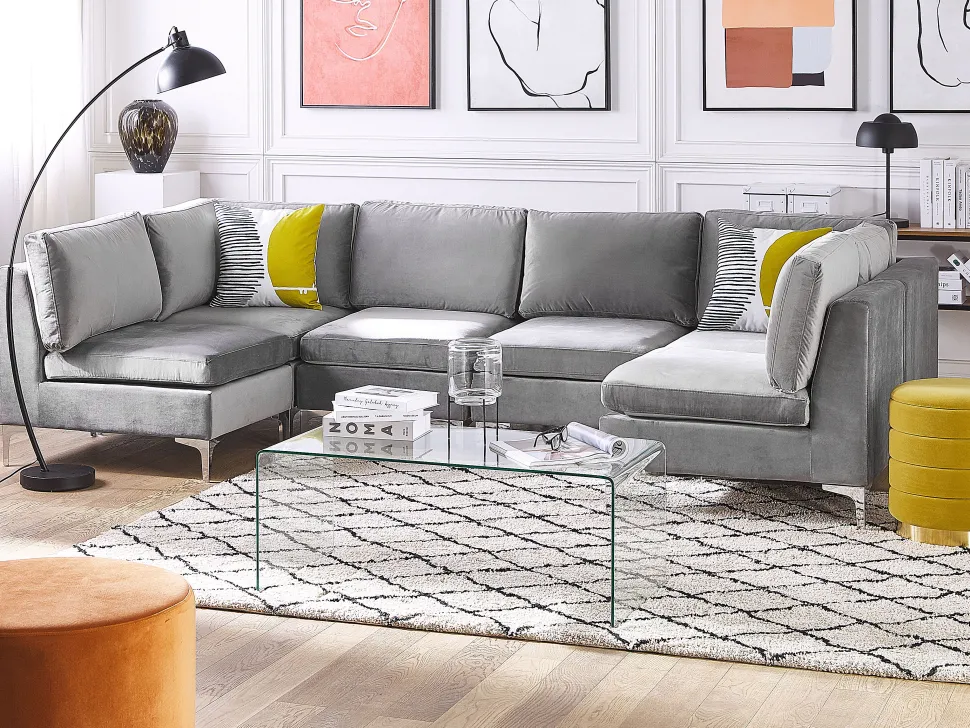 6 Seater U-Shaped Modular Velvet Sofa Grey Evja