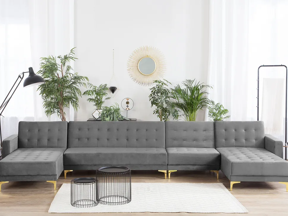 6 Seater U-Shaped Modular Velvet Sofa Grey Aberdeen