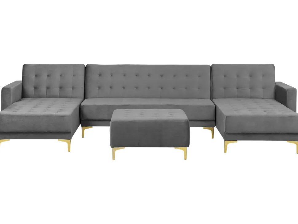 5 Seater U-Shaped Modular Velvet Sofa With Ottoman Grey Aberdeen