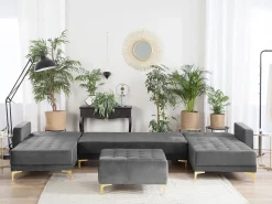 5 Seater U-Shaped Modular Velvet Sofa With Ottoman Grey Aberdeen