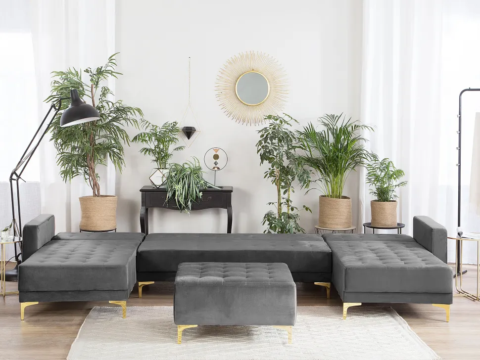 5 Seater U-Shaped Modular Velvet Sofa With Ottoman Grey Aberdeen