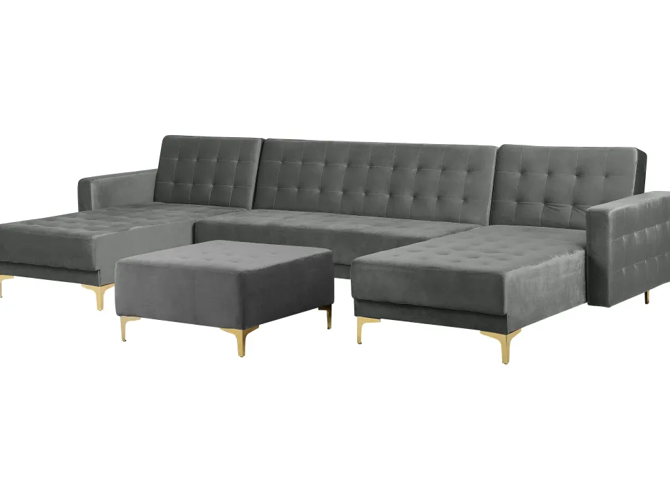 5 Seater U-Shaped Modular Velvet Sofa With Ottoman Grey Aberdeen