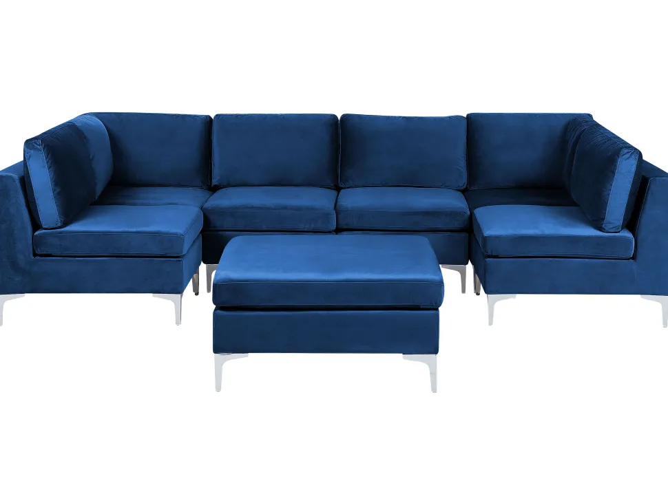 6 Seater U-Shaped Modular Velvet Sofa With Ottoman Blue Evja
