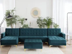 5 Seater U-Shaped Modular Velvet Sofa With Ottoman Teal Aberdeen