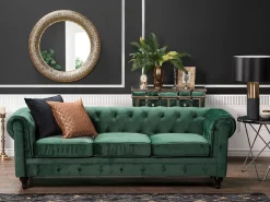 3 Seater Velvet Fabric Sofa Green Chesterfield