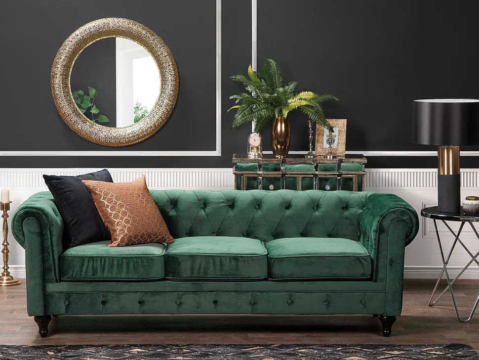 3 Seater Velvet Fabric Sofa Green Chesterfield
