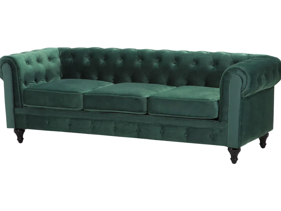 3 Seater Velvet Fabric Sofa Green Chesterfield