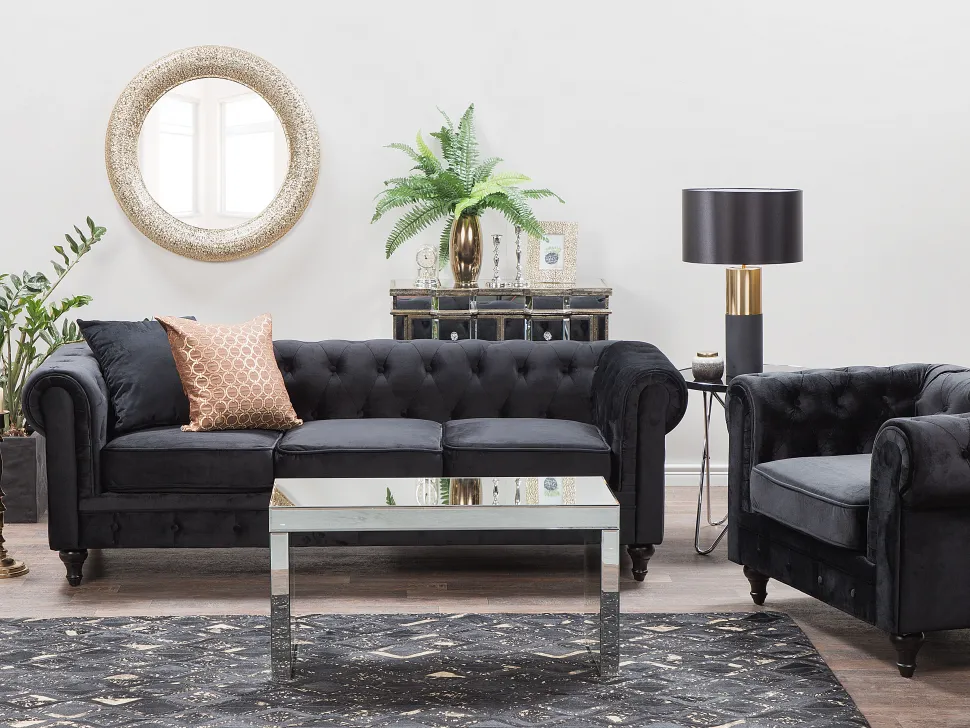 3 Seater Velvet Fabric Sofa Black Chesterfield