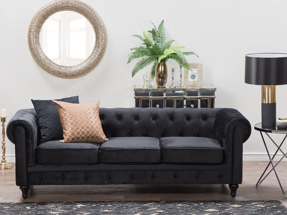 3 Seater Velvet Fabric Sofa Black Chesterfield