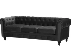 3 Seater Velvet Fabric Sofa Black Chesterfield
