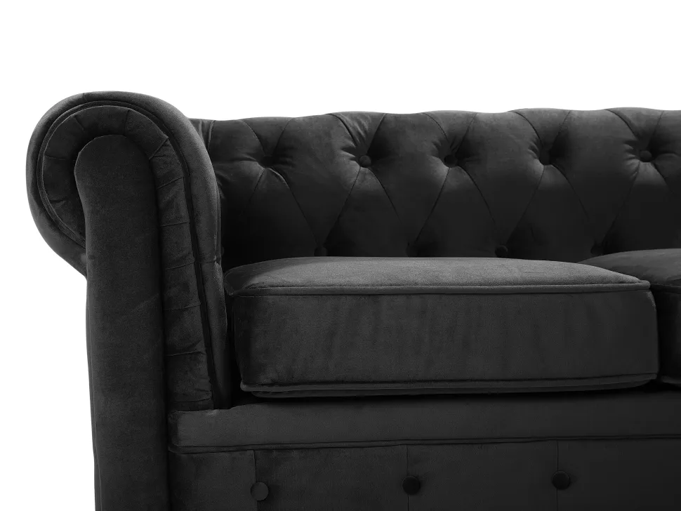 3 Seater Velvet Fabric Sofa Black Chesterfield