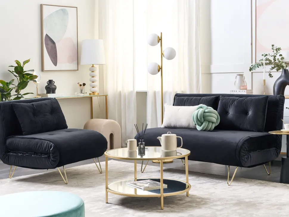 2 Seater Velvet Sofa Bed Black Vestfold